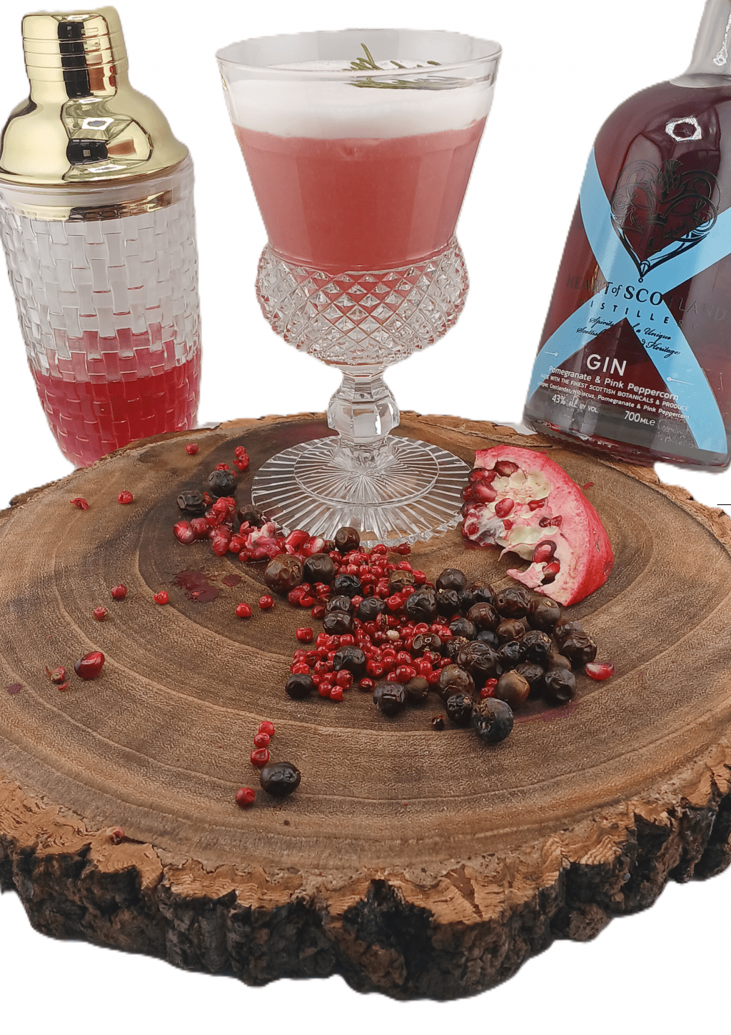 Pink Pomegranate Gin Fizz cocktail with a rich pink hue, highlighting our craftmanship in this Scottish Craft Premium pink Gin