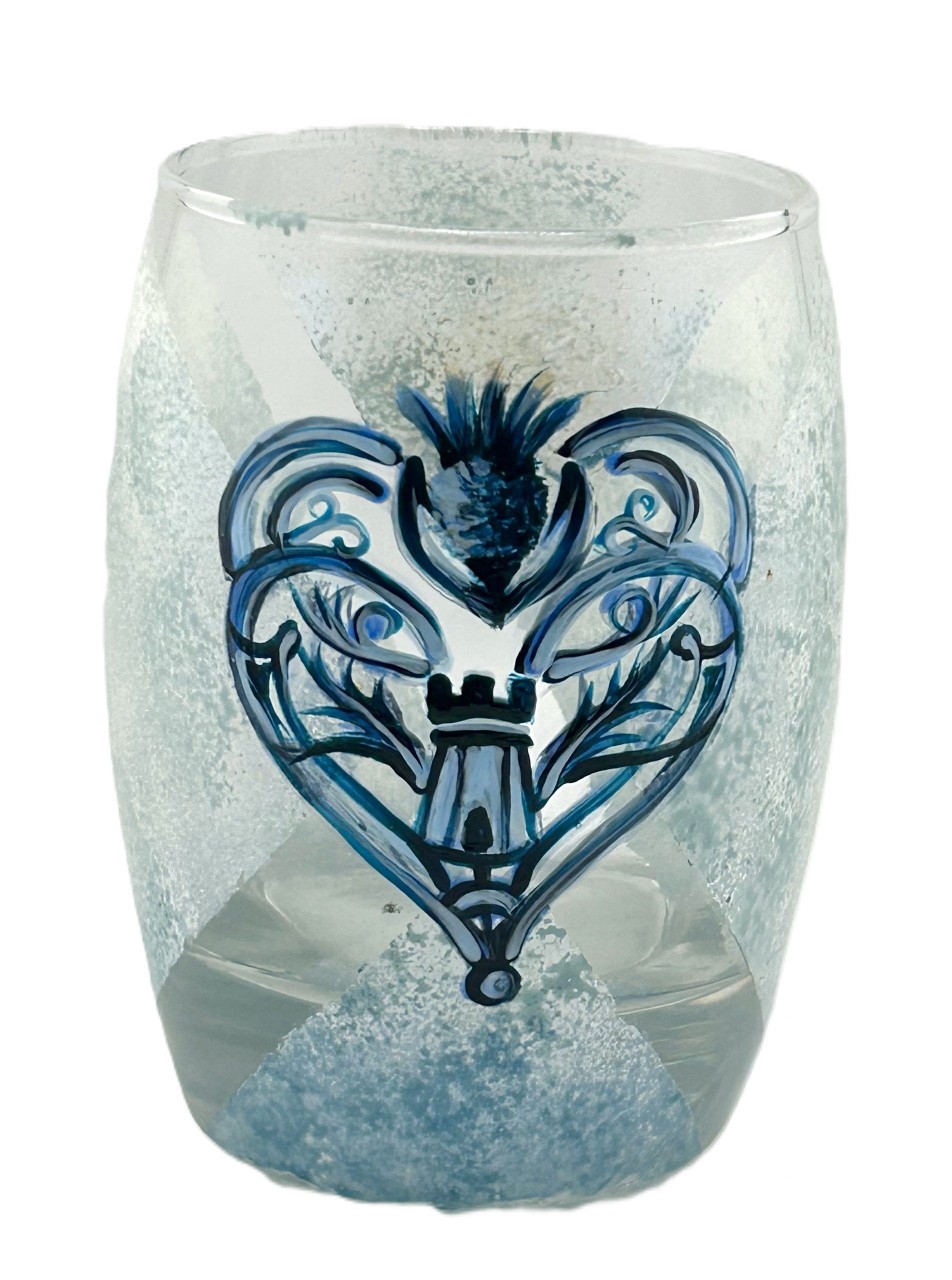 Hand-painted tumbler glass by Heart of Scotland Distillery, designed for premium Scottish gin, vodka, or whisky.