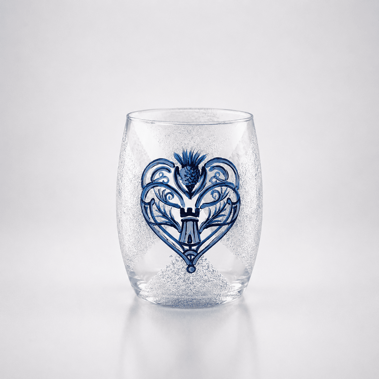Heart of Scotland hand-painted tumbler glass with blue thistle logo