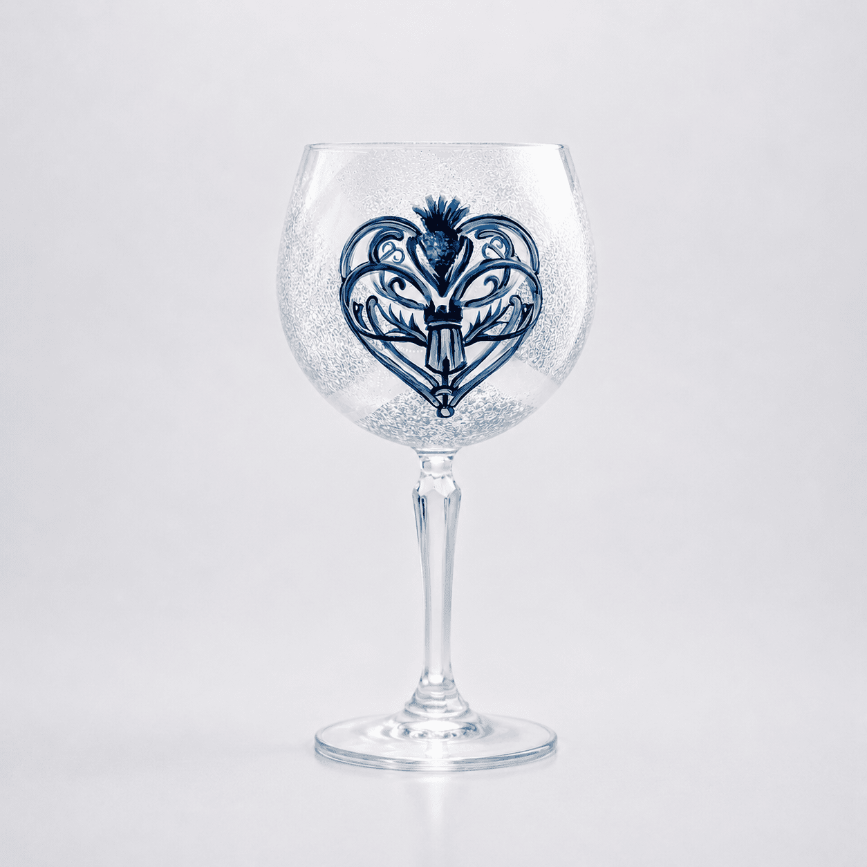 Heart of Scotland hand-painted balloon gin glass with blue thistle logo