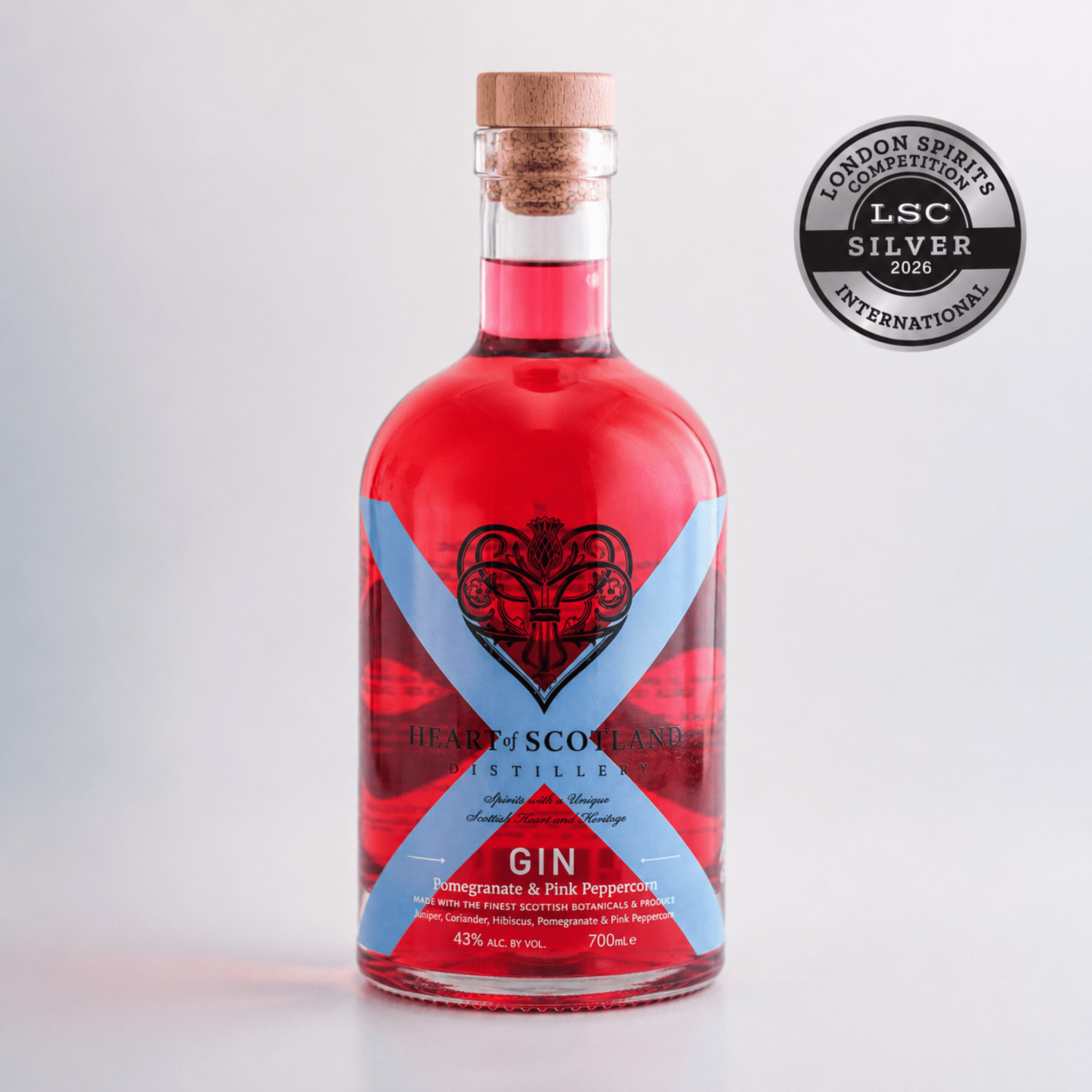 Heart of Scotland Pomegranate and Pink Peppercorn Gin 70cl bottle, London Spirits Competition Silver 2026 winner
