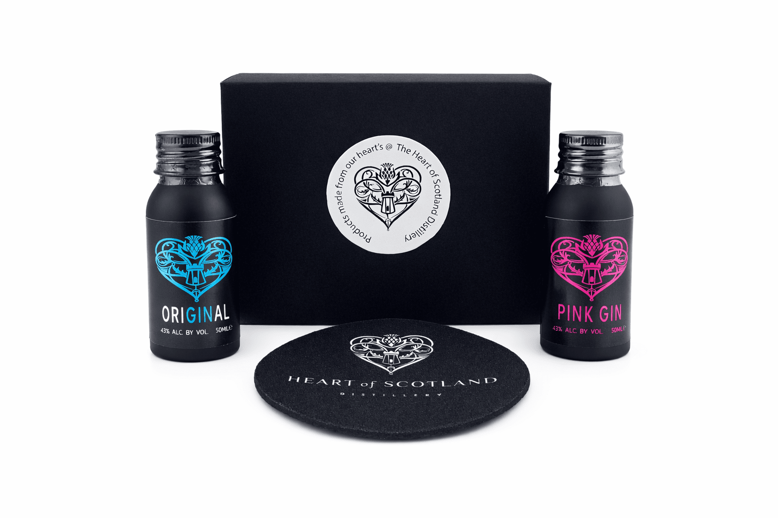 Heart of Scotland Gin Gift Set with Original and Pink Gin miniatures and branded coaster in display gift box