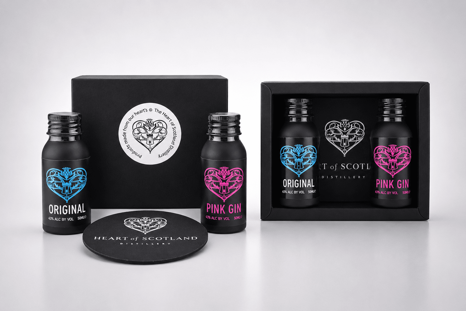 Heart of Scotland gin miniature gift set with Original Gin and Pink Gin 50ml bottles