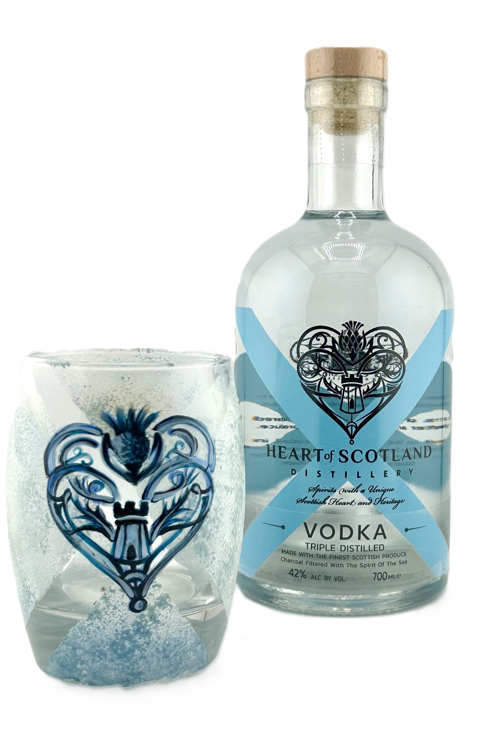 Heart of Scotland London Dry Gin bottle with a gin glass, highlighting a smooth, botanical-rich Scottish craft gin perfect for cocktails.