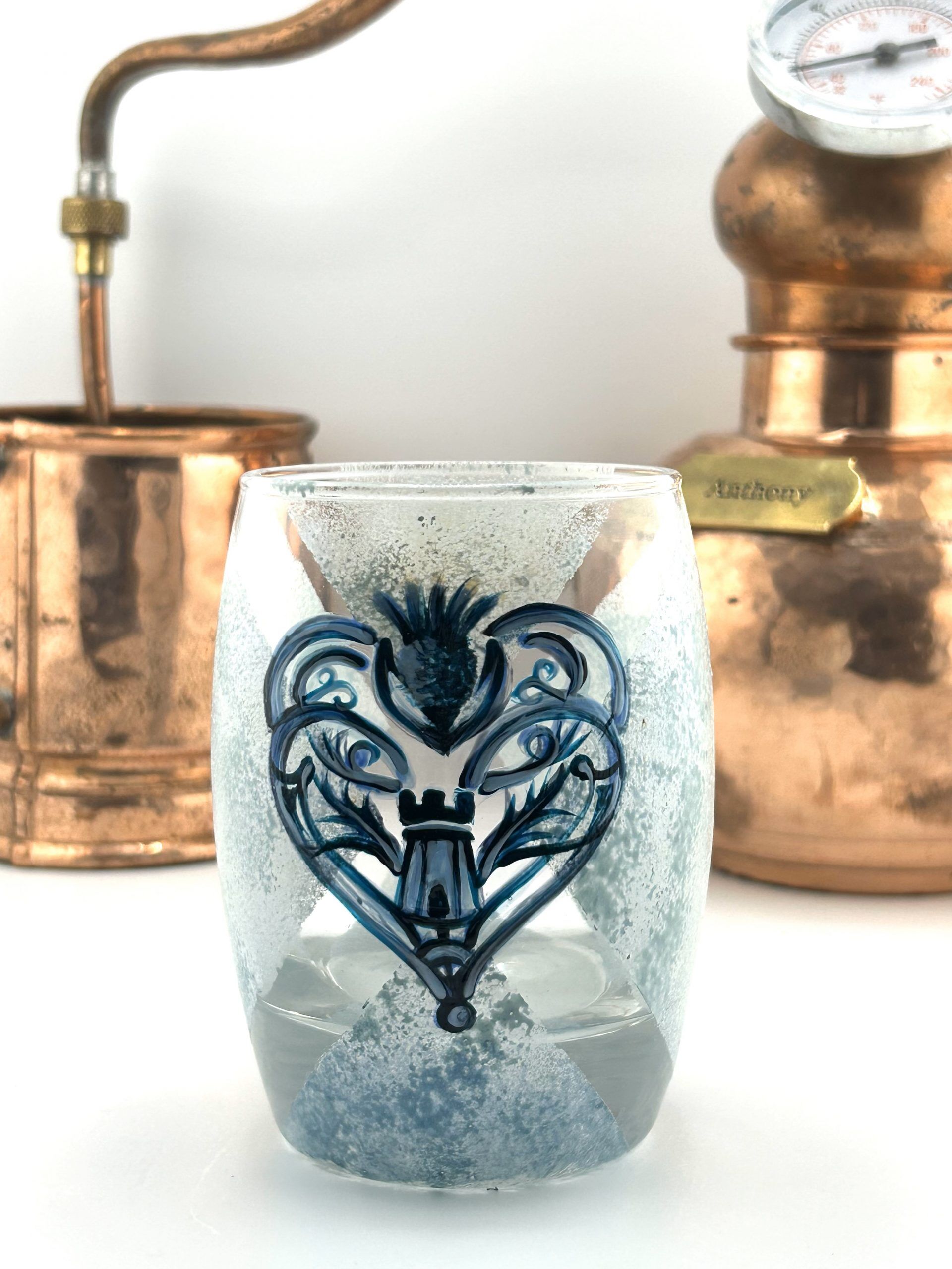 Hand-painted tumbler glass by Heart of Scotland Distillery, designed for premium Scottish gin, vodka, or whisky.