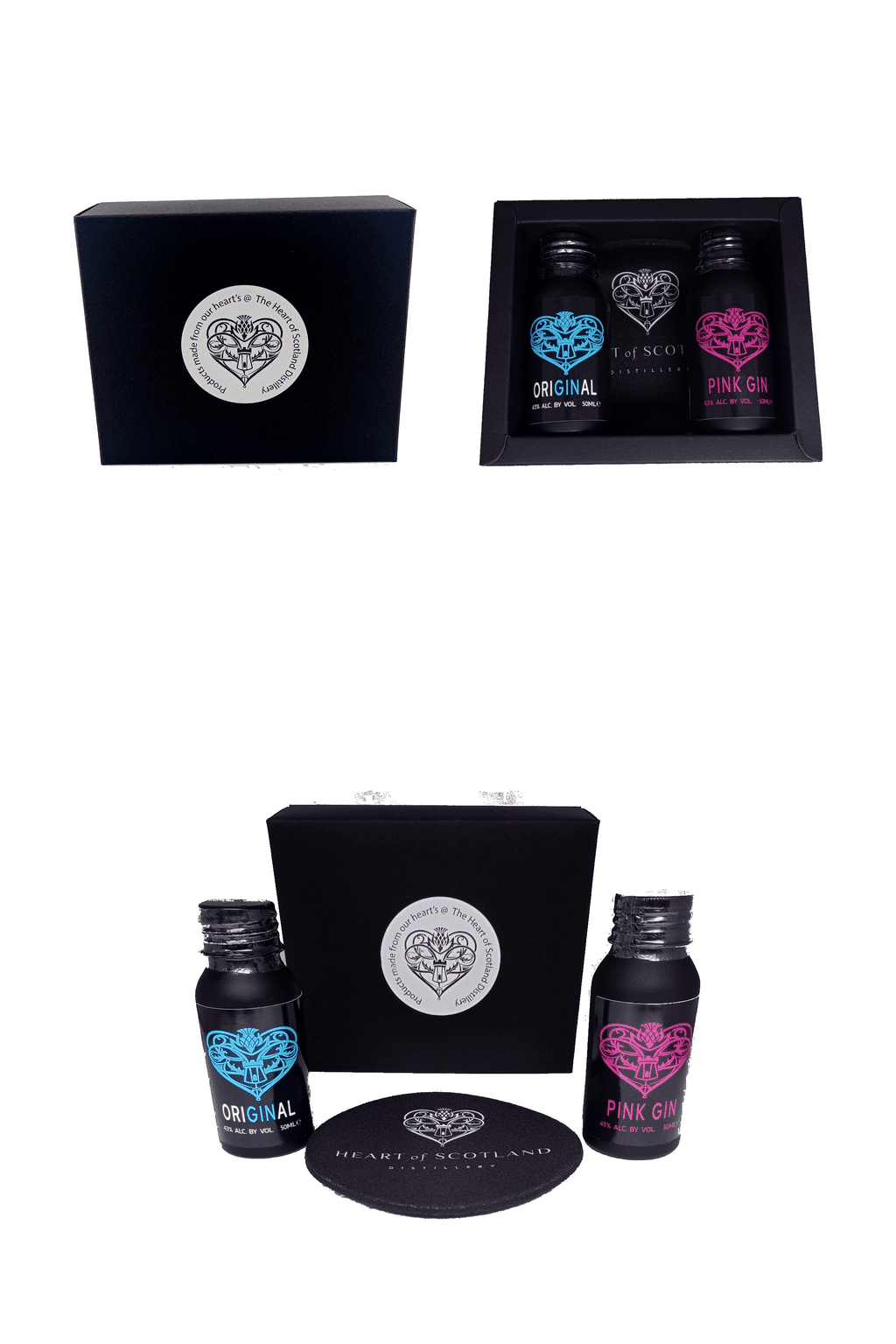 Heart of Scotland Gin Gift Set with Original and Pink Gin miniatures and branded coaster in display gift box