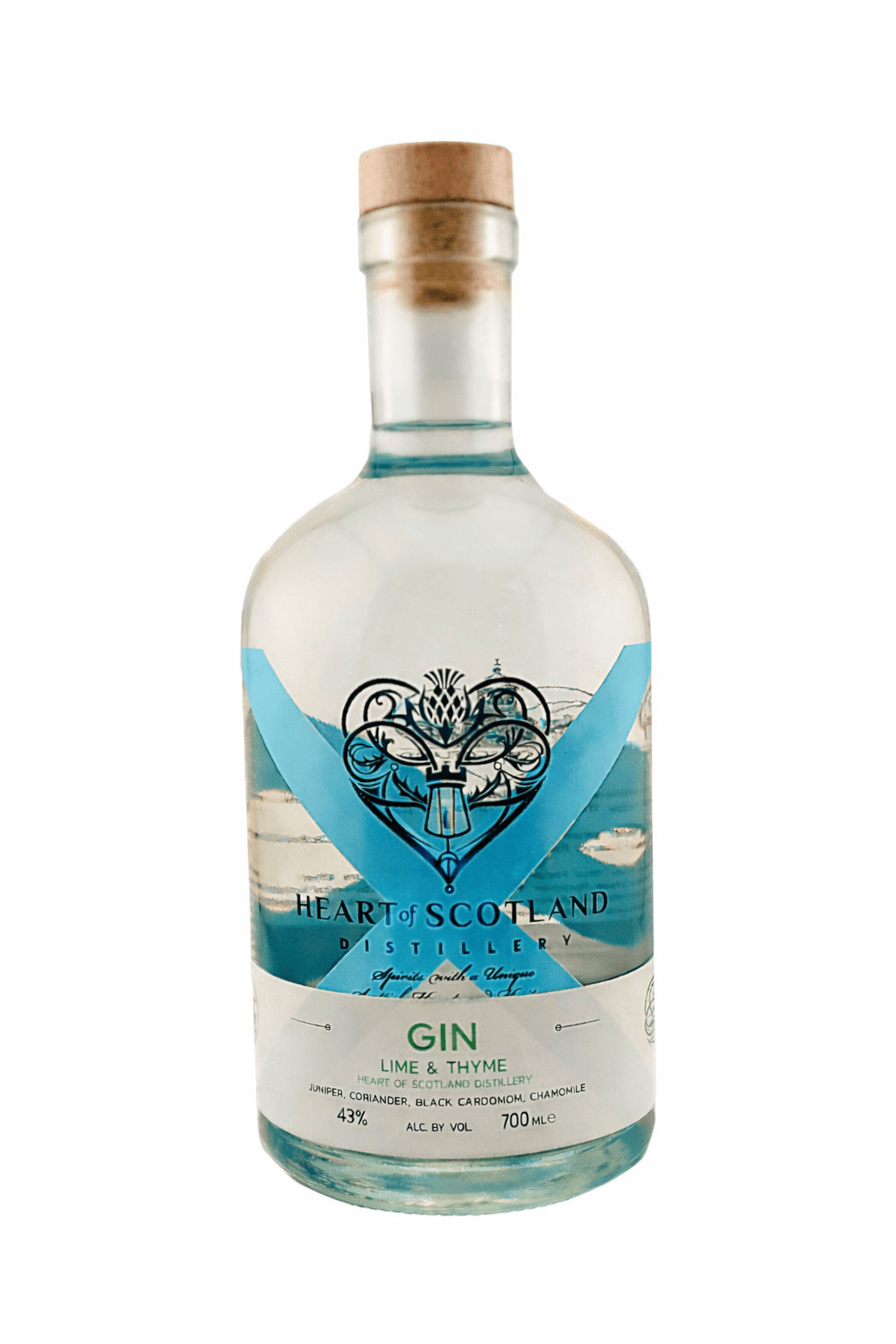 Heart of Scotland Distillery Lime and Thyme Gin 70cl bottle – Scottish craft gin 43% ABV on white background