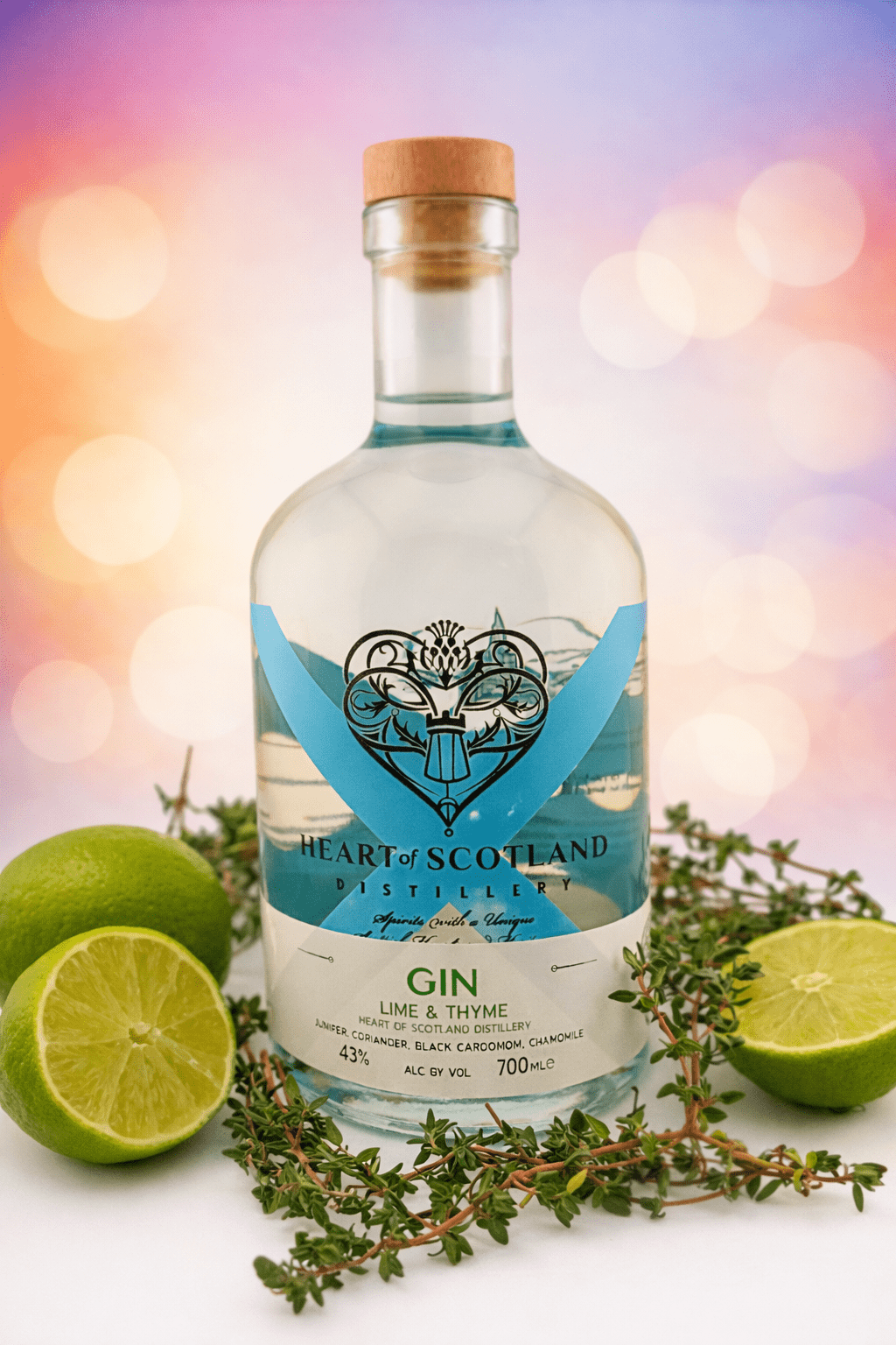 Heart of Scotland Distillery Lime and Thyme Gin bottle with fresh lime and thyme botanicals